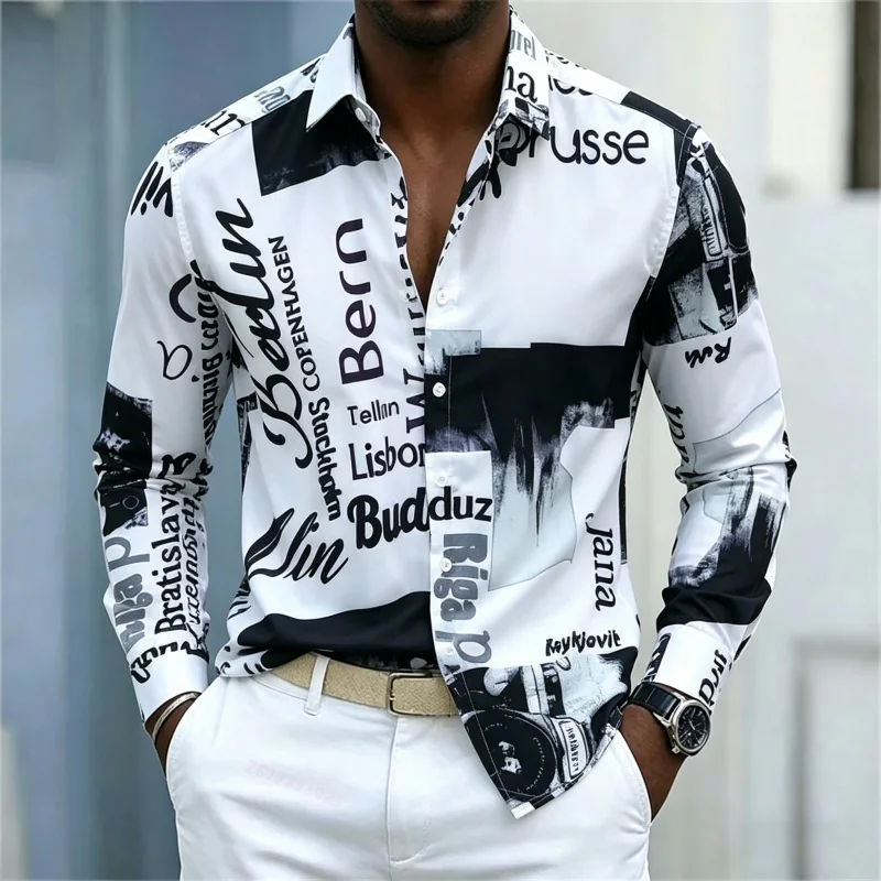 Mens Fashion Summer - قميص رجالي مطبوع بأكمام طويلة، تصميم