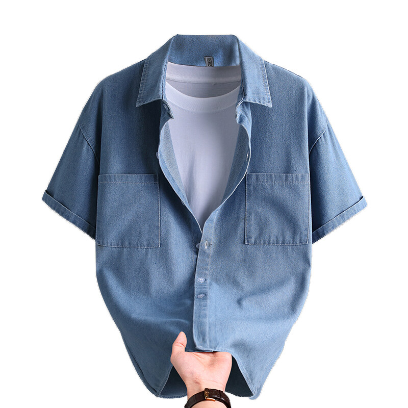 Mens Fashion Denim - قميص دينيم رجالي صيفي عصري بلون