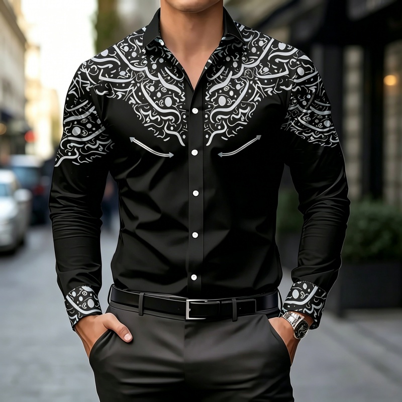 Mens Fashion Summer - قميص بطباعة متباينة باللونين الأسود والأبيض،